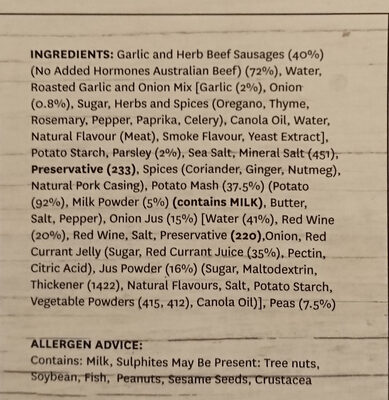 Bangers & Mash - Ingredients