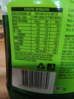 diet right lime cordial - Nutrition facts