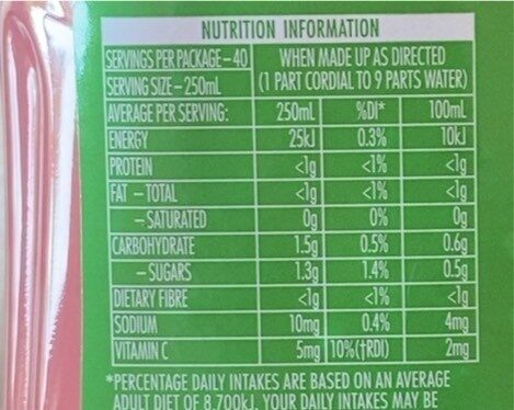 Diet Rite Cordial - Nutrition facts