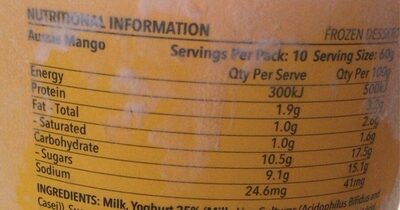 Frozen yoghurt Aussie Mangi - Nutrition facts