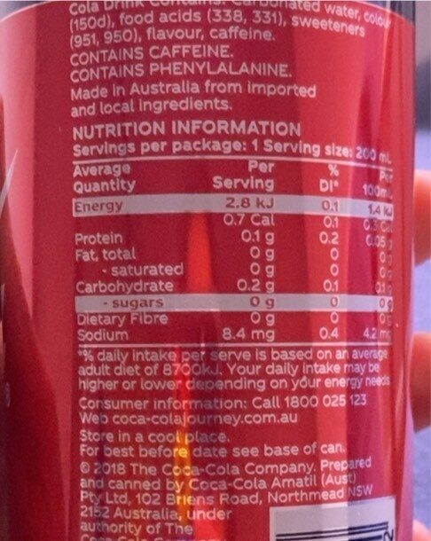Coke no sugar - Nutrition facts