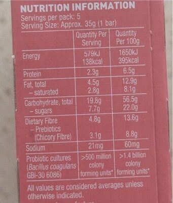 Probiotic Oat Bars - Cranberries & Coconut - Nutrition facts