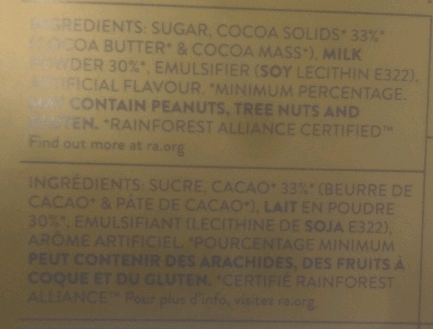 33% Cocoa Creamy Milk Chocolate Bar - Ingrédients