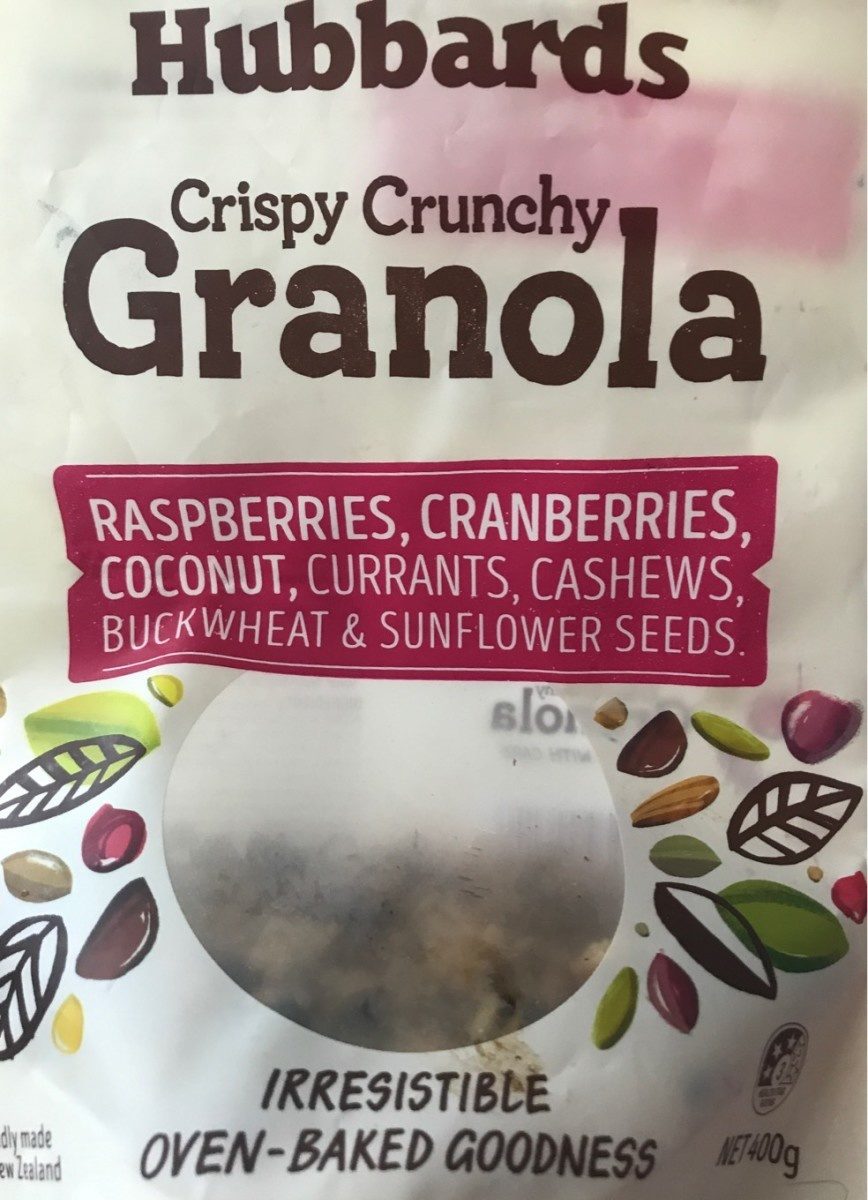 Crispy crunchy granola raspberries, cranberries, coconut, currants, cashews, buckwheat & sunflower seeds - Produit