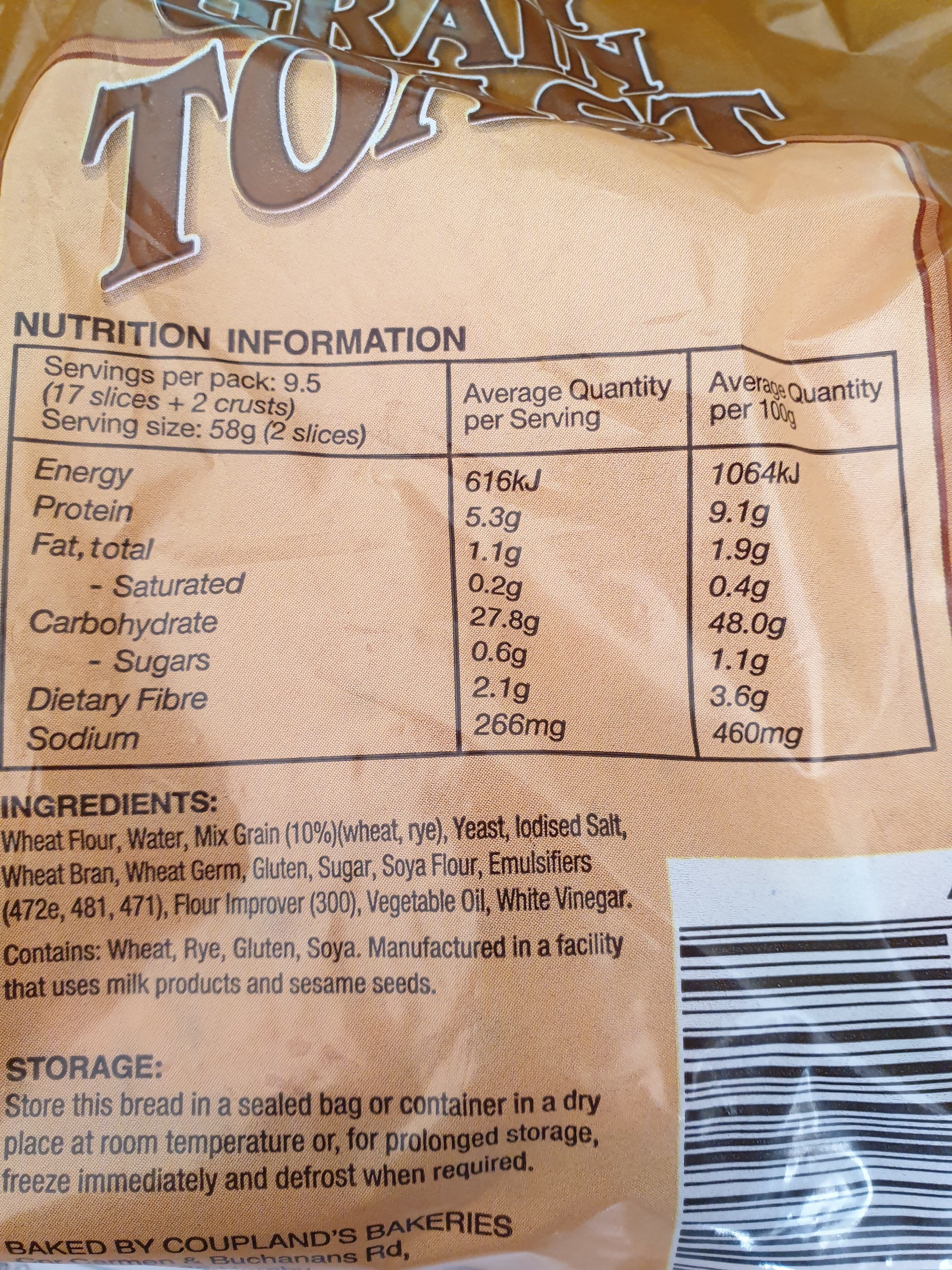 Couplands daily grain toast - Nutrition facts