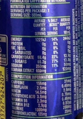 Blue V guarana energy drink - Nutrition facts
