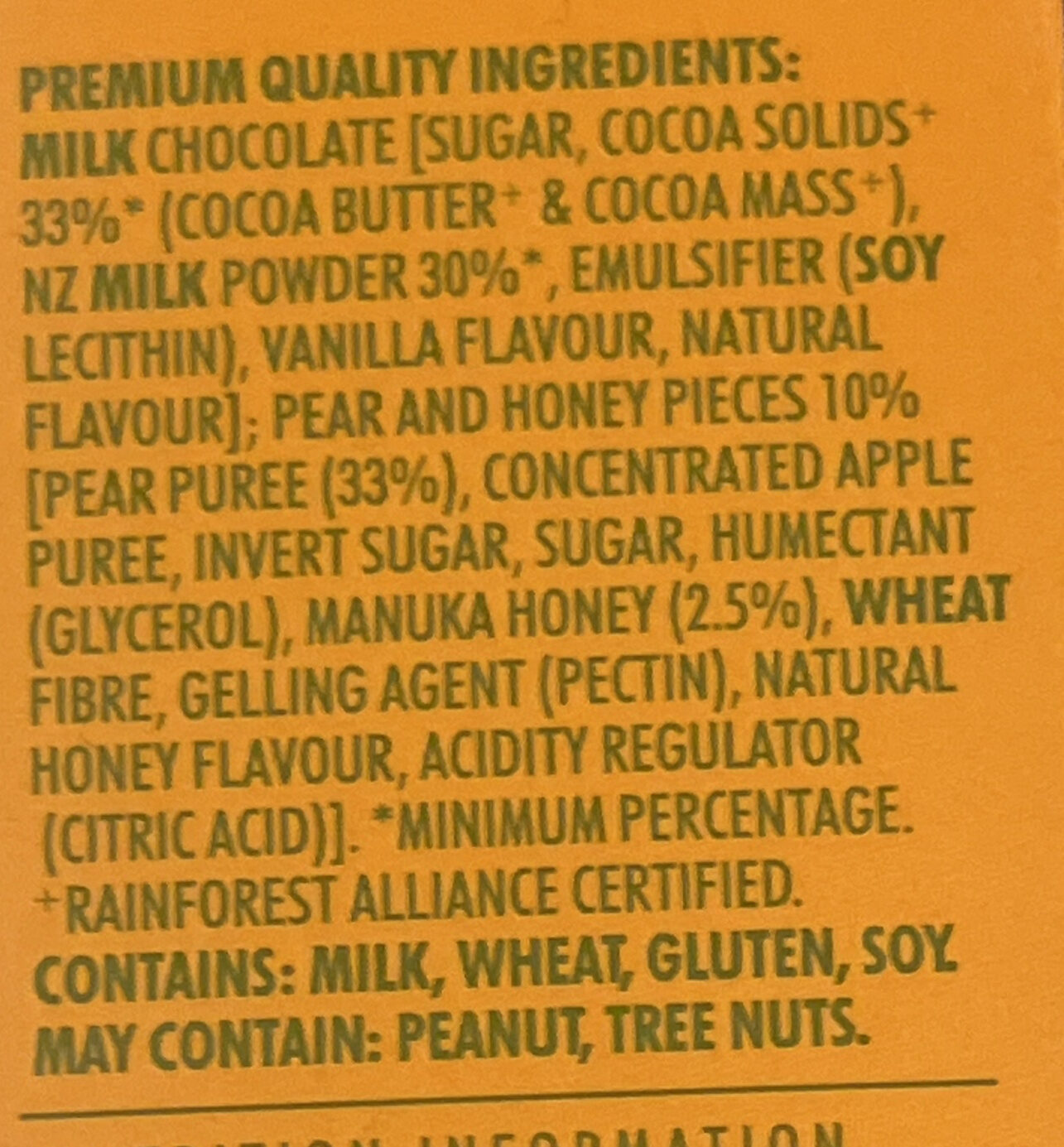 Whittaker’s Chocolate Restore Pear & Manuka Honey - Ingredients