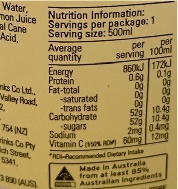 Lemonade quencher - Nutrition facts