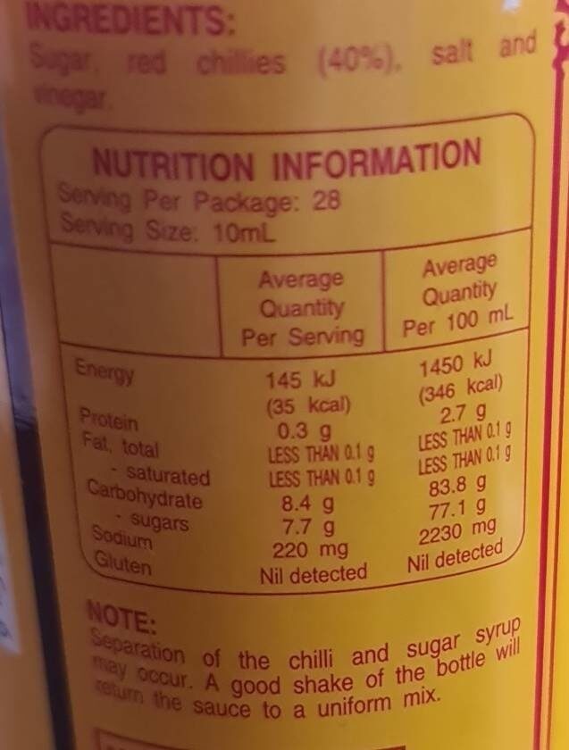 Chilli Sauce Extra Hot - Nutrition facts