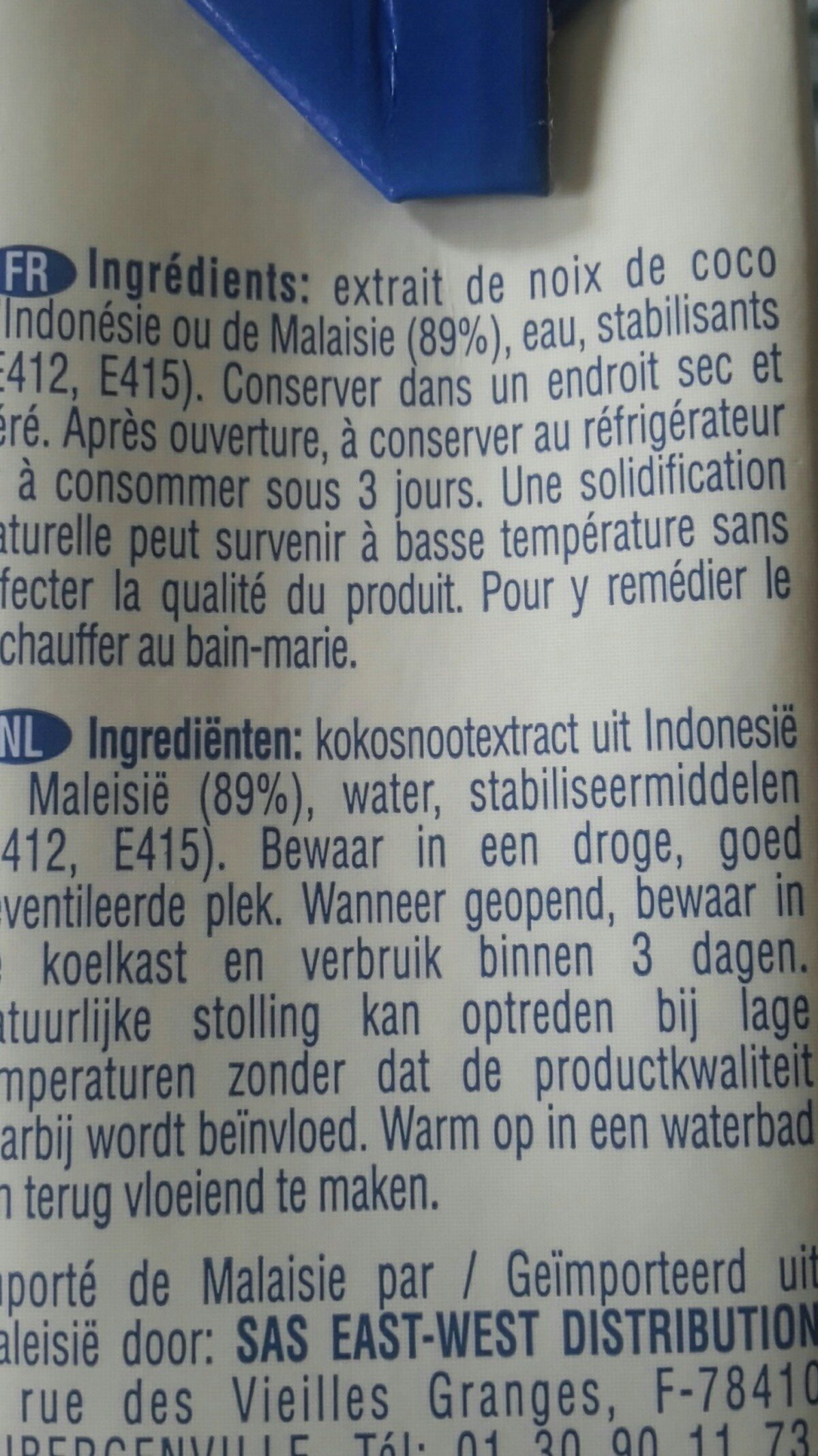 Crème de coco Ayam™ - Ingrédients
