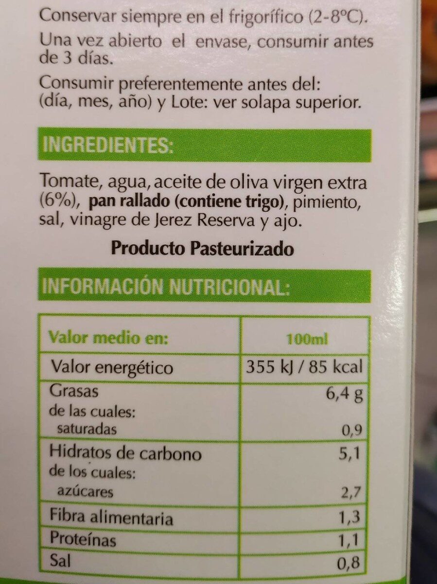 Salmorejo - Información nutricional